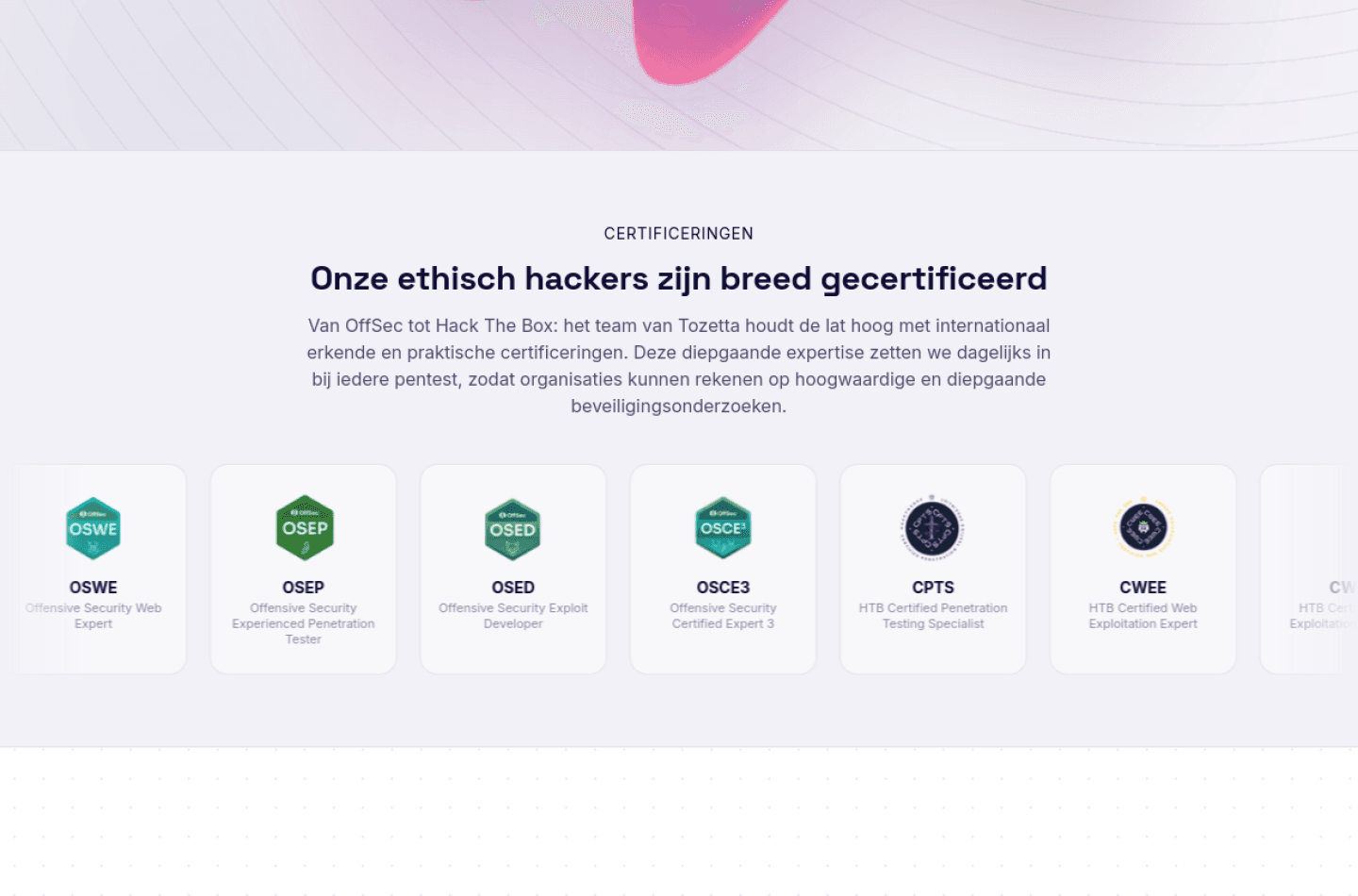 De nieuwe sectie met cybersecuritycertificeringen van het team